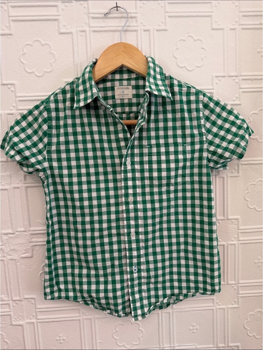 Crewcuts J. Crew Boys Green White Gingham Short Sleeve Button Down Shirt 6